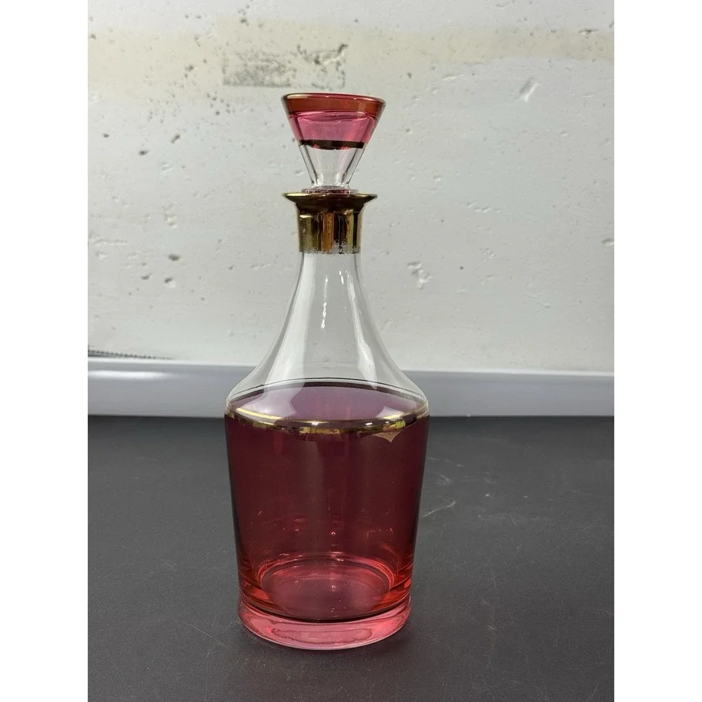 Cranberry Glass Decanter and Matching Cordial Glasses Set 7-piece MCM‎
